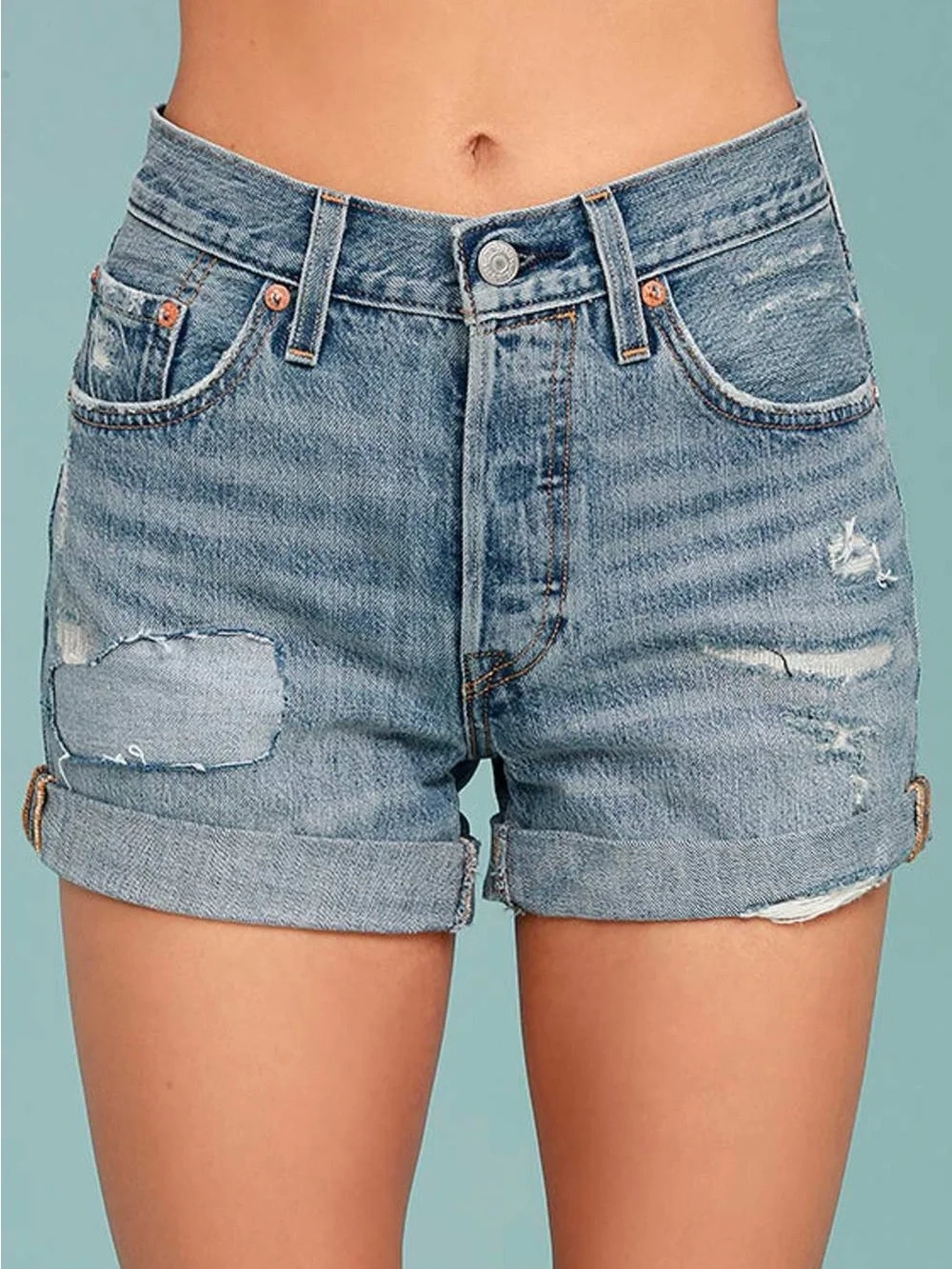 NWT Levi's 501 Medium Wash Distressed Long Button Fly Denim Shorts ❤️